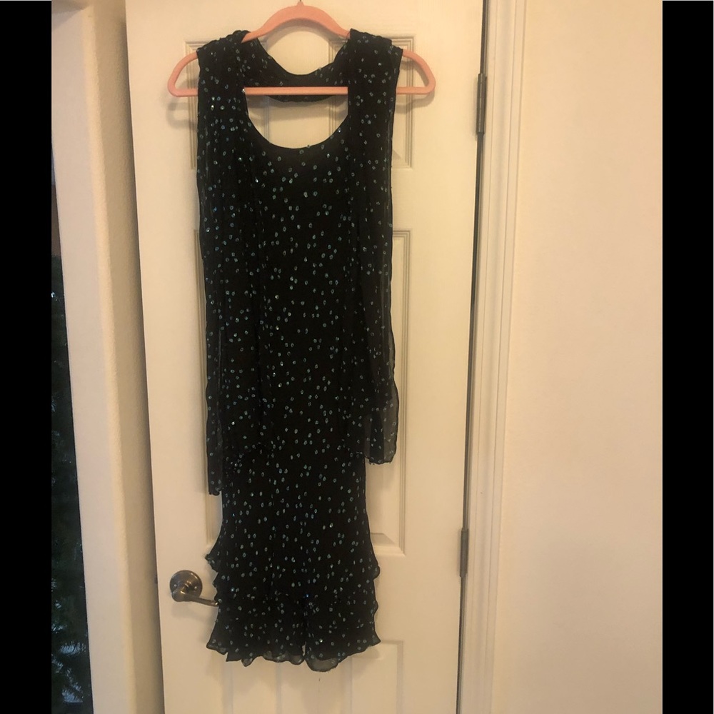Black & turquoise sparkly evening dress with matching scarf. Size extra large.